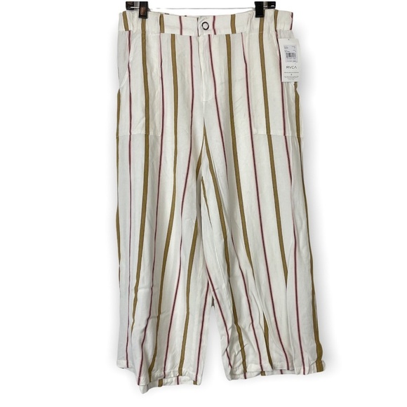 NEW RVCA SIZE XL White Fully Noted pants in stripe Wide Leg ankle length - Picture 2 of 10